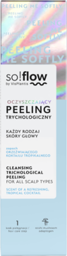 Front opakowania So!flow Peeling Trychologiczny do skóry głowy, niebieski, z tęczowymi detalami, zapach tropikalny.