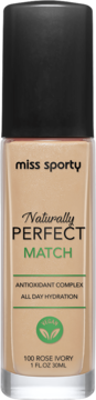 Podkład Miss Sporty Naturally Perfect Match 100 Rose Ivory, jasnobeżowa butelka z czarną nakrętką, widok z przodu.