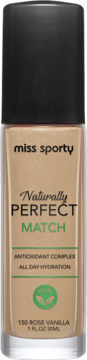 Miss Sporty Naturally Perfect Match 150 Rose Vanilla, podkład nawilżający w szklanej butelce, widok z przodu.