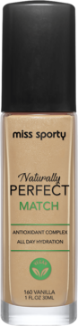 Miss Sporty podkład Naturally Perfect Match 160 Vanilla, beżowa butelka szklana z czarną nakrętką, widok z przodu.