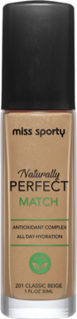 Miss Sporty Naturally Perfect Match, podkład 201 Classic Beige w szklanej butelce z czarną nakrętką, widok z przodu.