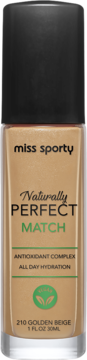 Miss Sporty Naturally Perfect Match foundation, 210 Golden Beige, natural finish, glass bottle, front view.