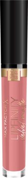 Max Factor Lipfinity Velvet Matte pomadka w płynie Posh Pink, różowa tubka z czarną nakrętką, widok z przodu.