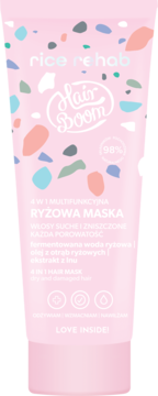 Różowa maska ryżowa Hair Boom Rice Rehab do włosów suchych, opakowanie z wzorem terrazzo, widok z przodu.