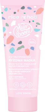 Różowa maska ryżowa Hair Boom Rice Rehab do włosów suchych, opakowanie z wzorem terrazzo, widok z przodu.
