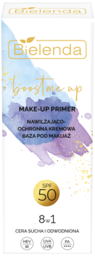 Bielenda boost me up baza pod makijaż SPF 50 8w1, białe opakowanie z akwarelowym wzorem, widok z przodu.