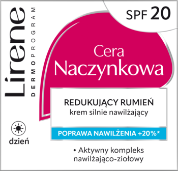 Krem Lirene Cera Naczynkowa SPF 20 redukujący rumień, silnie nawilżający, w biało-różowym opakowaniu, widok z przodu.