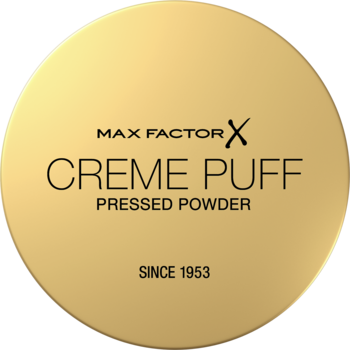 Max Factor Creme Puff matujący puder prasowany w złotym okrągłym kompakcie, z czarnym napisem, widok z góry.
