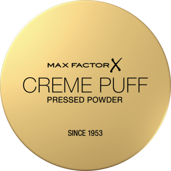 Max Factor Creme Puff matujący puder prasowany w złotym okrągłym kompakcie, z czarnym napisem, widok z góry.