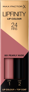 Max Factor Lipfinity Lip Colour 001 Pearly Nude. Dwufazowa pomadka 24h w złotym pudełku, widok z przodu.