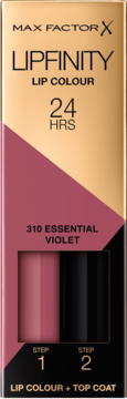 Opakowanie Max Factor Lipfinity 310 Essential Violet, dwufazowa pomadka 24H z top coatem, widok z przodu.