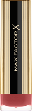 Pomadka Max Factor Colour Elixir Nude Rose, złoto-czarna obudowa z widoczną płynną zawartością, widok z przodu.