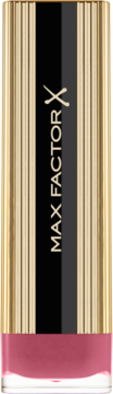 Pomadka Max Factor Colour Elixir Dusky Rose w złoto-czarnym opakowaniu, z transparentnym dołem, widok z przodu.
