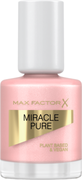 Max Factor Miracle Pure różowy lakier do paznokci w butelce z białą nakrętką, z przodu widać etykietę Plant Based & Vegan.