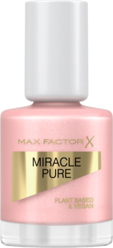 Max Factor Miracle Pure różowy lakier do paznokci w butelce z białą nakrętką, z przodu widać etykietę Plant Based & Vegan.