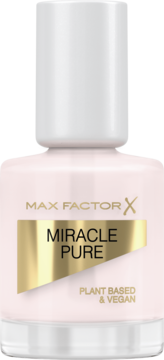 Max Factor Miracle Pure wegański lakier do paznokci w jasnoróżowej butelce ze złotą etykietą, widok z przodu.