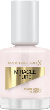 Max Factor Miracle Pure wegański lakier do paznokci w jasnoróżowej butelce ze złotą etykietą, widok z przodu.