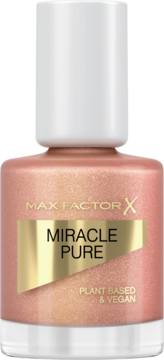 Max Factor Miracle Pure lakier do paznokci, wegański, w butelce z błyszczącym różowo-złotym odcieniem. Widok z przodu.