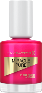 Różowy lakier Max Factor Miracle Pure Nail w butelce, biała zakrętka, na etykiecie "PLANT BASED & VEGAN".