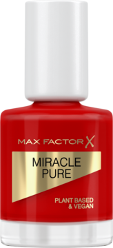 Czerwony lakier Max Factor Miracle Pure Plant Based & Vegan. Butelka z białym korkiem, widok z przodu.