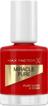 Czerwony lakier Max Factor Miracle Pure Plant Based & Vegan. Butelka z białym korkiem, widok z przodu.