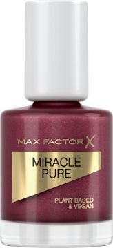 Max Factor Miracle Pure wegański lakier do paznokci w błyszczącym bordowym kolorze, butelka z białą nakrętką, widok z przodu.