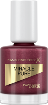 Max Factor Miracle Pure wegański lakier do paznokci w błyszczącym bordowym kolorze, butelka z białą nakrętką, widok z przodu.