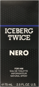 Front view of Iceberg Twice Nero Eau de Toilette for Him, black box with hexagonal pattern, blue stripe, 75ml.
