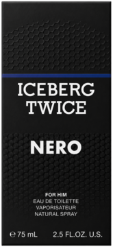Czarne pudełko perfum Iceberg Twice Nero dla mężczyzn 75ml, z tekstem ICEBERG TWICE NERO i teksturowaną powierzchnią, widok z przodu.