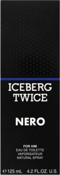 Czarny kartonik perfum Iceberg Twice Nero 125 ml dla mężczyzn, z niebieskim paskiem i teksturą plastra miodu.