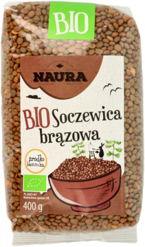 Brązowa soczewica BIO Naura 400g w przezroczystej torbie, z etykietą i grafiką miski soczewicy.