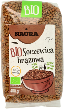 Brązowa soczewica BIO Naura 400g w przezroczystej torbie, z etykietą i grafiką miski soczewicy.