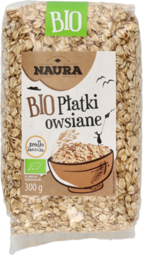 Naura BIO Płatki owsiane 300g w przezroczystej torbie, widok z przodu, z etykietą i grafiką zbóż.