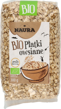Naura BIO Płatki owsiane 300g w przezroczystej torbie, widok z przodu, z etykietą i grafiką zbóż.