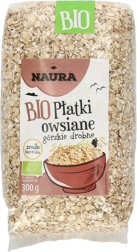 Opakowanie NAURA BIO Płatki owsiane górskie drobne 300g w przezroczystej torebce z brązową etykietą, widok z przodu.