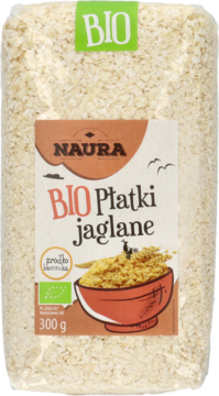 Naura BIO Płatki jaglane 300g w przezroczystym opakowaniu, widok z przodu, z miską płatków na etykiecie.