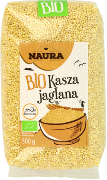Naura BIO Kasza jaglana w przezroczystym opakowaniu 500g, z brązową etykietą na tle żółtych ziaren.