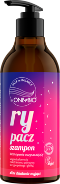 OnlyBio Hair in Balance szampon oczyszczający w brązowej butelce z pompką, gradientowa etykieta, widok z przodu.