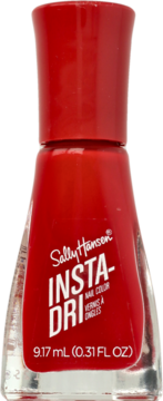 Czerwony lakier do paznokci Sally Hansen Insta-Dri w szklanej butelce, widok z przodu.