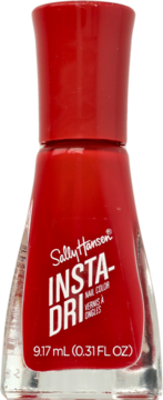 Czerwony lakier do paznokci Sally Hansen Insta-Dri w szklanej butelce, widok z przodu.