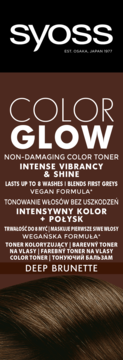 Syoss Color Glow Deep Brunette toner, non-damaging, for intense color & shine, dark brown packaging with hair.
