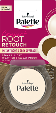 Palette Compact Root Retouch ciemny blond, puder do odrostów. Magenta-brązowe pudełko, widoczny okrągły kompakt z gąbką.