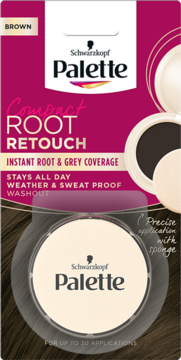 Schwarzkopf Palette Compact Root Retouch brązowy, pudełko z widocznym pudrem i gąbką do odrostów.