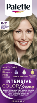 Opakowanie farby do włosów Palette Intensive Color Creme, odcień 8-21 popielaty jasny blond, z modelką.