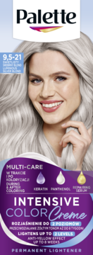 Opakowanie farby Palette Intensive Color Creme 9,5-21 Luminous Silver Blond, z modelką. Rozjaśnia do 2 poziomów, efekt anty-żółty.