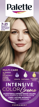 Palette Intensive Color Creme 7-21 Popielaty średni blond. Kobieta z blond włosami, widok z przodu opakowania.