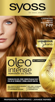 Pionowe opakowanie farby Syoss Oleo Intense 7-77 Red Ginger. Modelka z rudymi włosami, kropla olejku, bez amoniaku.
