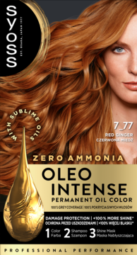 Farba Syoss Oleo Intense 7-77 Czerwona Miedź, czarno-złote opakowanie z kobietą o rudych włosach, bez amoniaku.