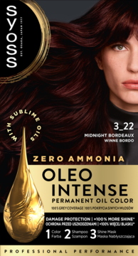 Syoss Oleo Intense 3-22 Winne Bordo, trwała farba bez amoniaku, czarne opakowanie z modelką i olejkiem.