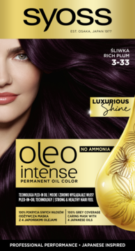 Opakowanie Syoss Oleo Intense 3-33 Rich Plum, trwała farba do włosów bez amoniaku, widok z przodu.